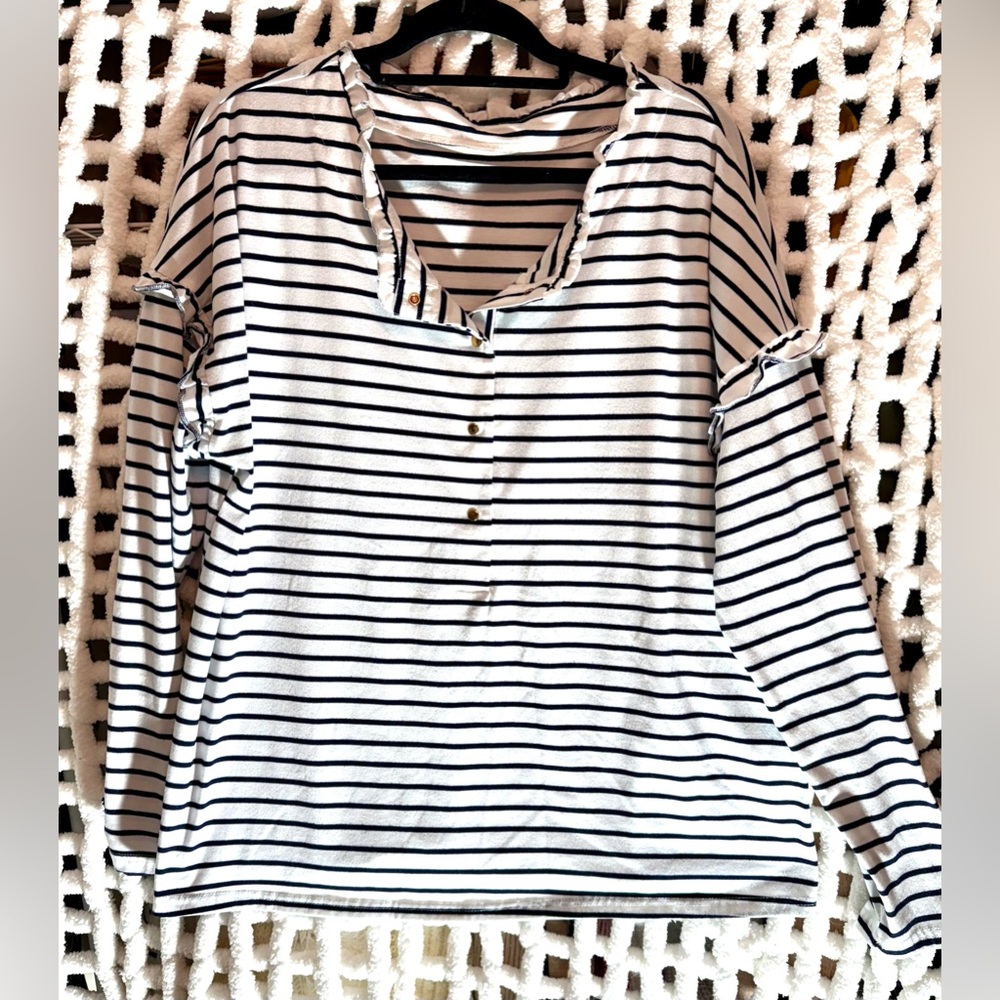 2X, cream and black striped blouse